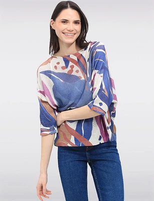 Abstract Floral Print Long Dolman Sleeve Boatneck Knit Top by Froccella