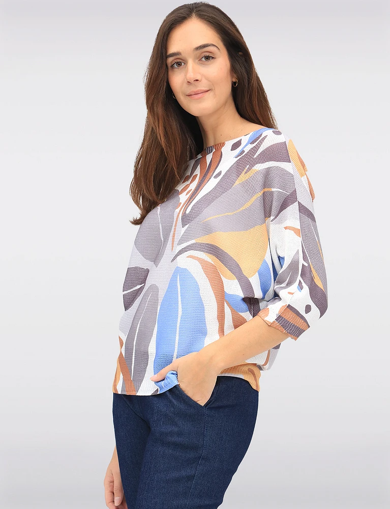 Abstract Floral Print Long Dolman Sleeve Boatneck Knit Top by Froccella