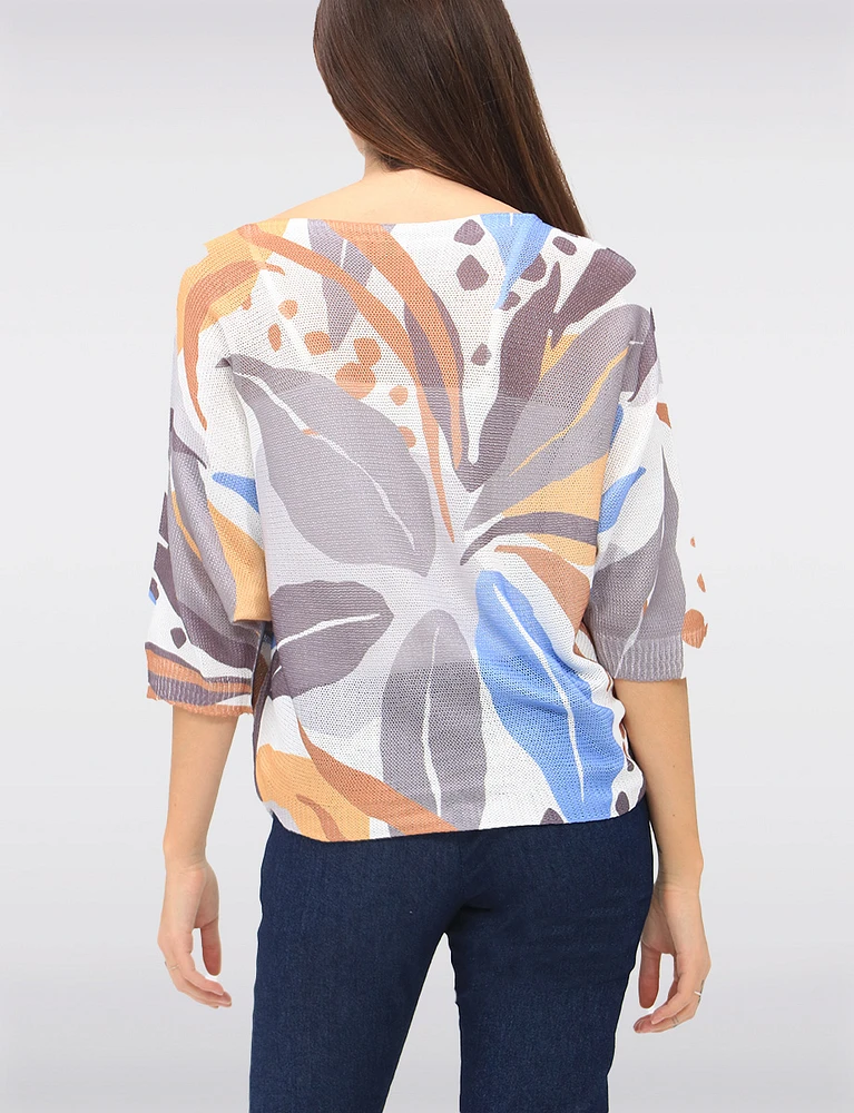 Abstract Floral Print Long Dolman Sleeve Boatneck Knit Top by Froccella
