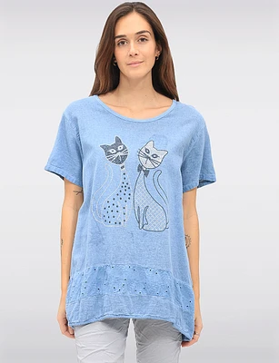 Linen Blend Short Sleeve Cut Cat Rhinestones Design and Lace Top By Froccella