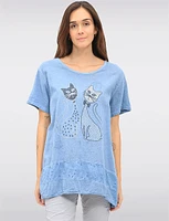 Linen Blend Short Sleeve Cut Cat Rhinestones Design and Lace Top By Froccella