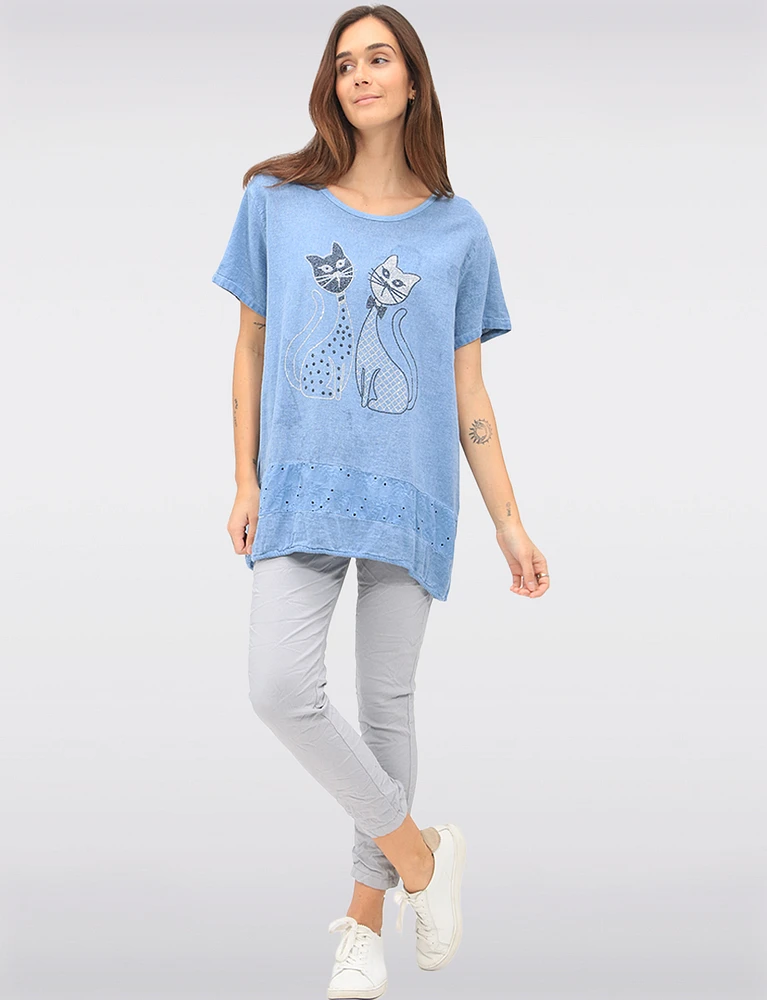 Linen Blend Short Sleeve Cut Cat Rhinestones Design and Lace Top By Froccella