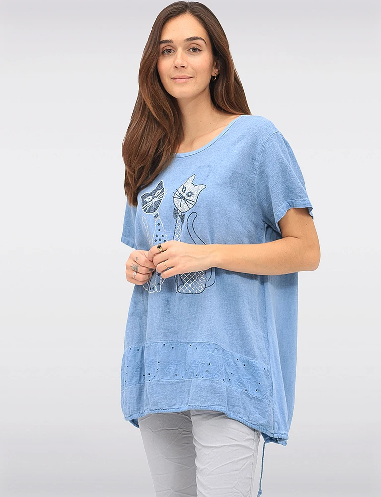 Linen Blend Short Sleeve Cut Cat Rhinestones Design and Lace Top By Froccella
