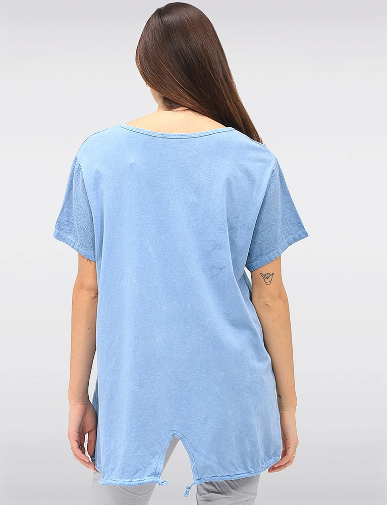 Linen Blend Short Sleeve Cut Cat Rhinestones Design and Lace Top By Froccella
