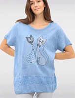 Linen Blend Short Sleeve Cut Cat Rhinestones Design and Lace Top By Froccella
