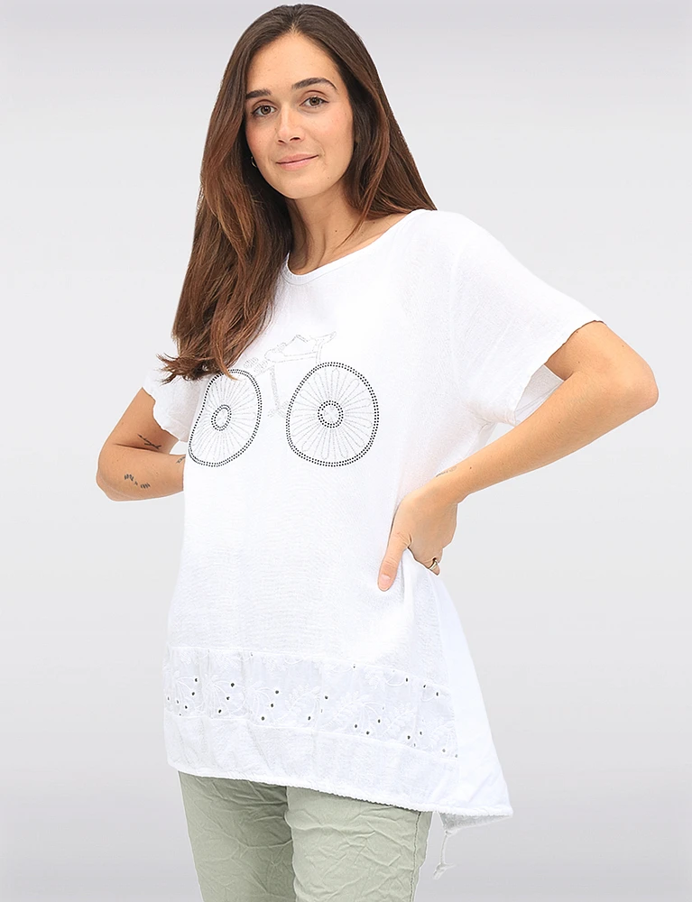 Linen Blend Short Sleeve Bicycle Rhinestones Design and Lace Top By Froccella