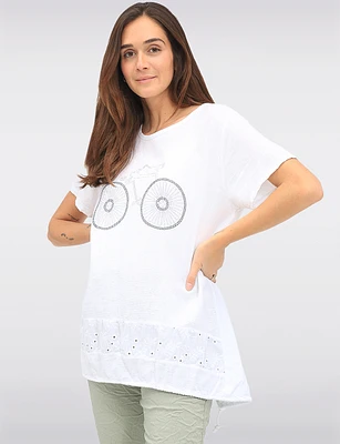 Linen Blend Short Sleeve Bicycle Rhinestones Design and Lace Top By Froccella