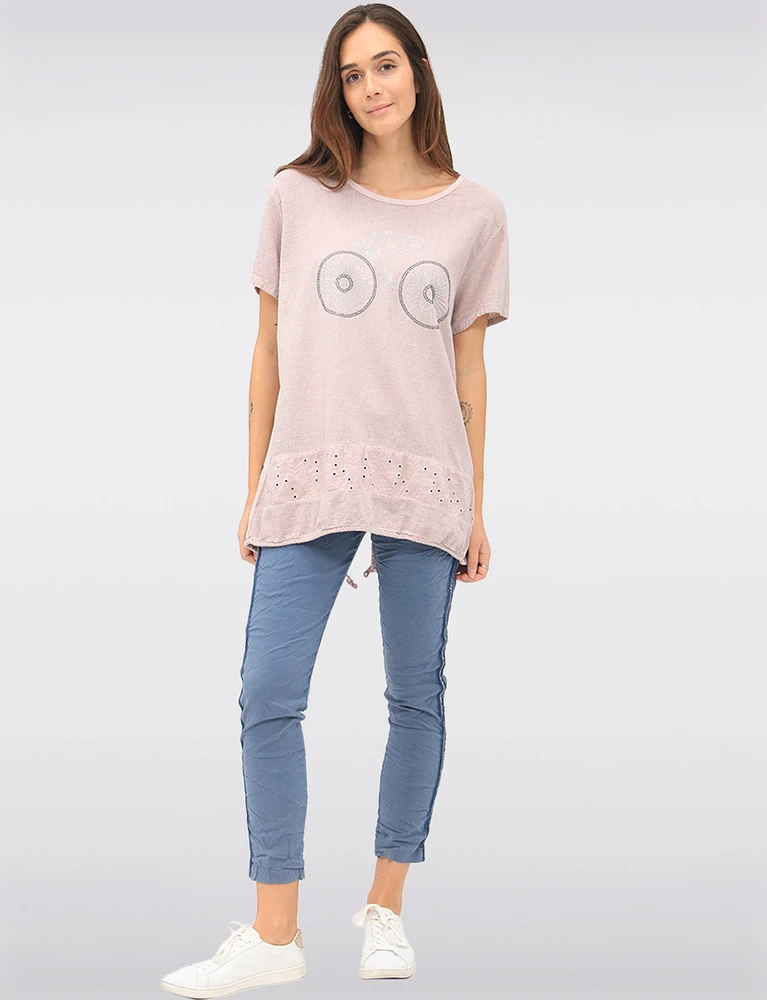 Linen Blend Short Sleeve Bicycle Rhinestones Design and Lace Top By Froccella