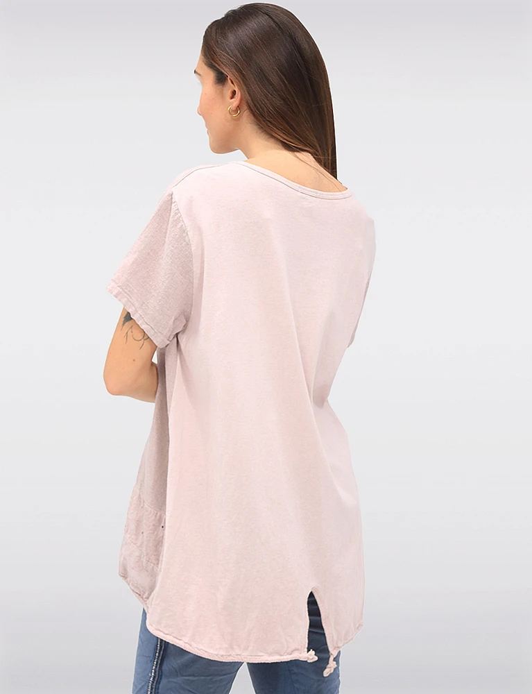 Linen Blend Short Sleeve Bicycle Rhinestones Design and Lace Top By Froccella