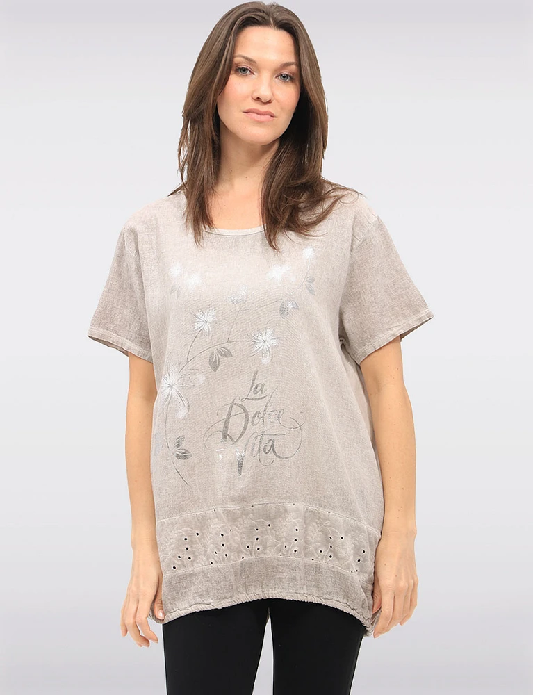 Cotton-Linen Metallic Floral Top with Lace & Adjustable Drawstrings by Froccella