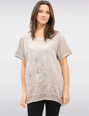 Cotton-Linen Metallic Floral Top with Lace & Adjustable Drawstrings by Froccella