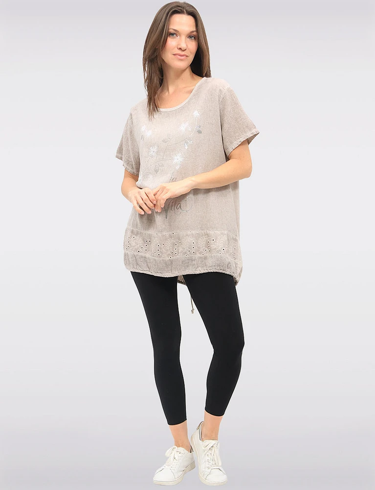 Cotton-Linen Metallic Floral Top with Lace & Adjustable Drawstrings by Froccella
