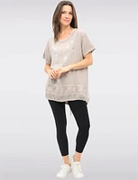 Cotton-Linen Metallic Floral Top with Lace & Adjustable Drawstrings by Froccella