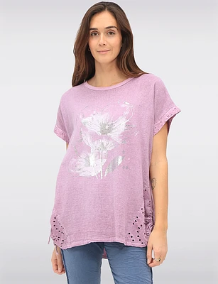 Cotton-Linen Floral Embroidered Top with Adjustable Drawstrings by Froccella