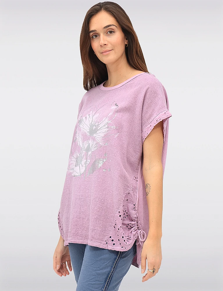 Cotton-Linen Floral Embroidered Top with Adjustable Drawstrings by Froccella