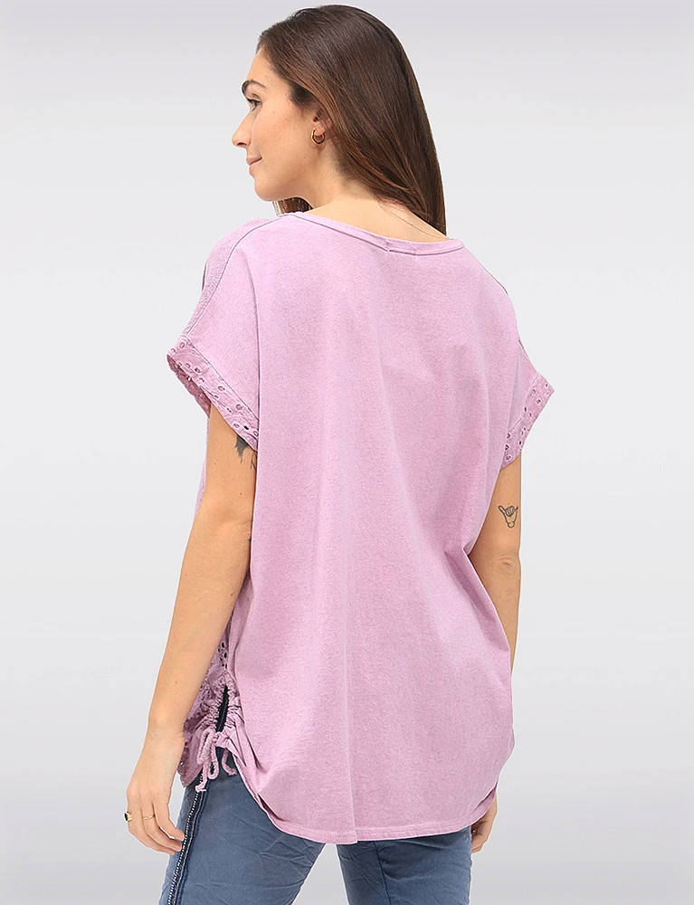 Cotton-Linen Floral Embroidered Top with Adjustable Drawstrings by Froccella