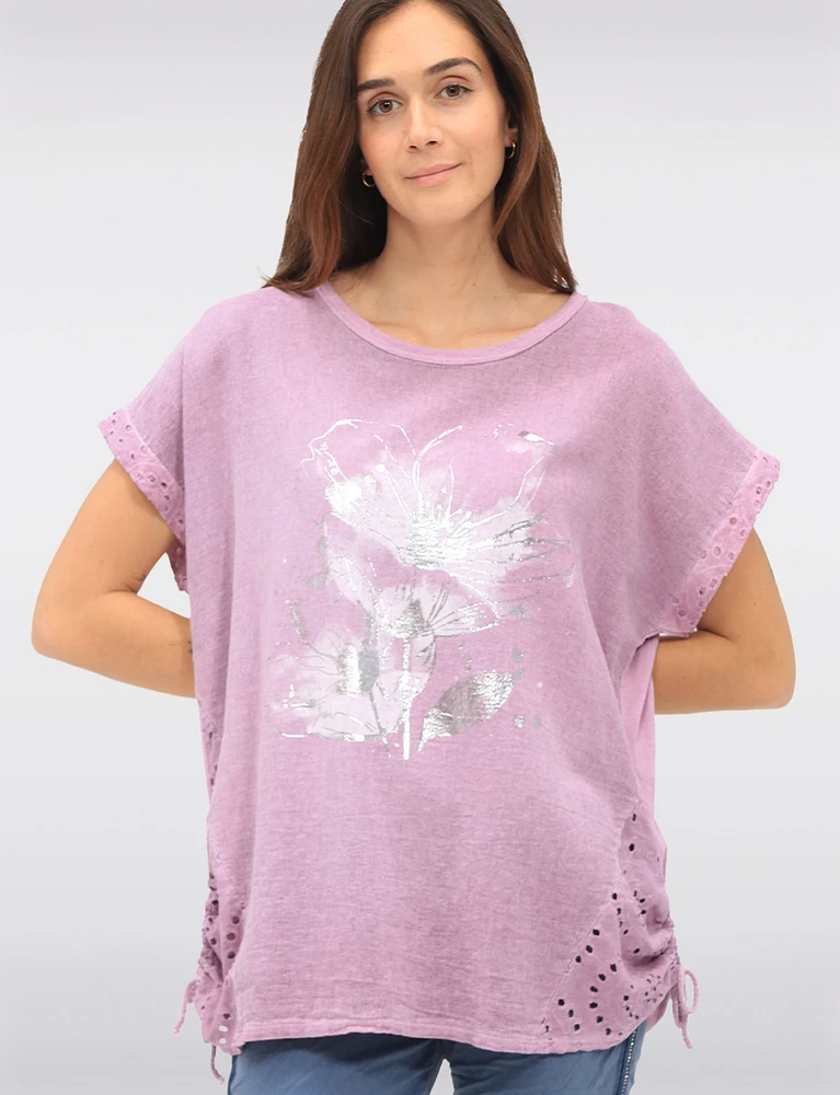 Cotton-Linen Floral Embroidered Top with Adjustable Drawstrings by Froccella