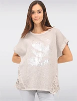 Cotton-Linen Floral Embroidered Top with Adjustable Drawstrings by Froccella