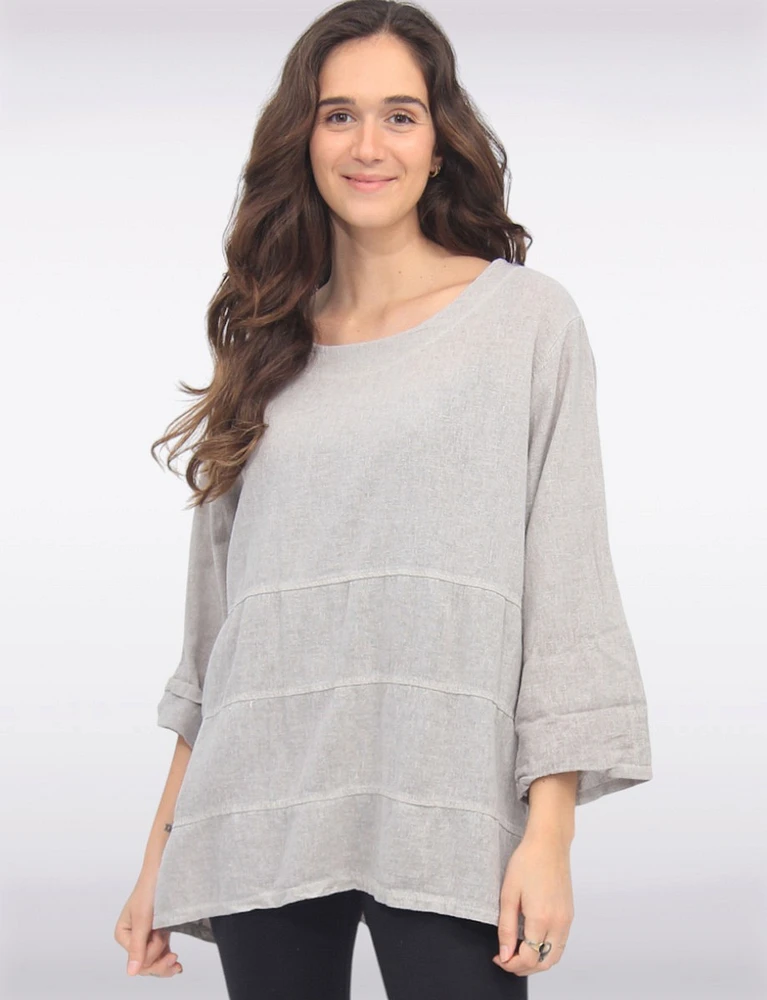 Light Linen Blend Three-quarter Sleeve Horizontal Stitch Detail Top by Froccella