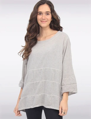 Light Linen Blend Three-quarter Sleeve Horizontal Stitch Detail Top by Froccella