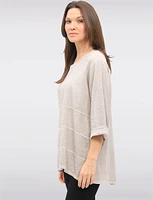 Light Linen Blend Three-quarter Sleeve Horizontal Stitch Detail Top by Froccella