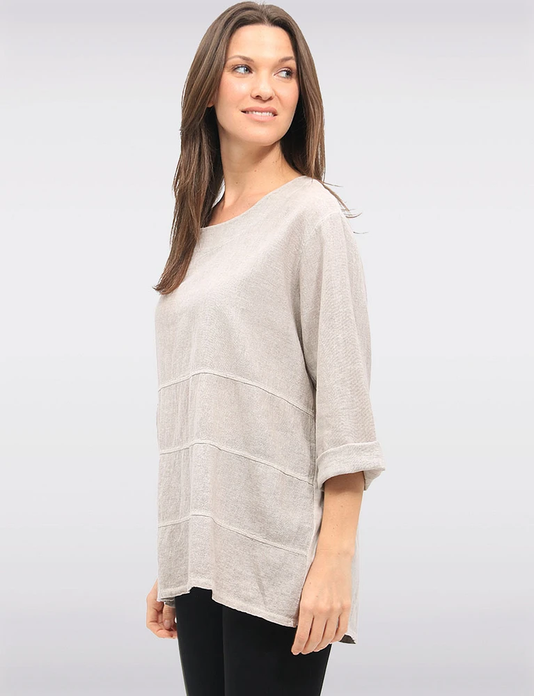 Light Linen Blend Three-quarter Sleeve Horizontal Stitch Detail Top by Froccella