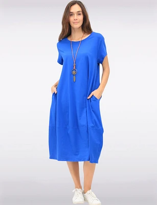 Short Sleeve Soft Cotton Round Neck Long Dress with Necklace by Froccella