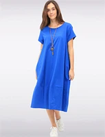 Short Sleeve Soft Cotton Round Neck Long Dress with Necklace by Froccella