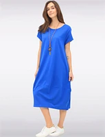 Short Sleeve Soft Cotton Round Neck Long Dress with Necklace by Froccella