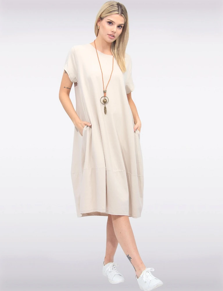 Short Sleeve Soft Cotton Round Neck Long Dress with Necklace by Froccella