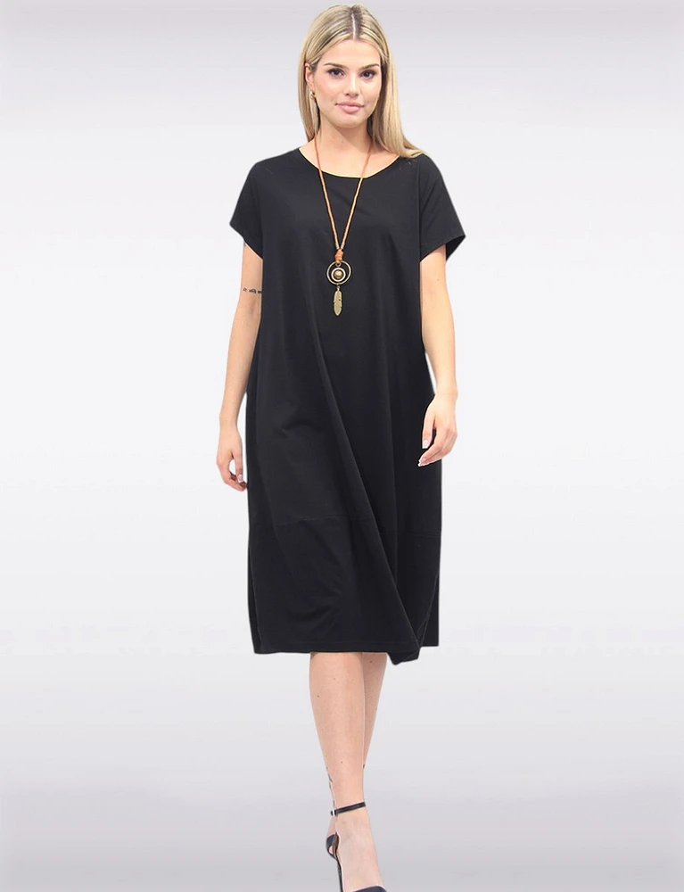 Short Sleeve Soft Cotton Round Neck Long Dress with Necklace by Froccella