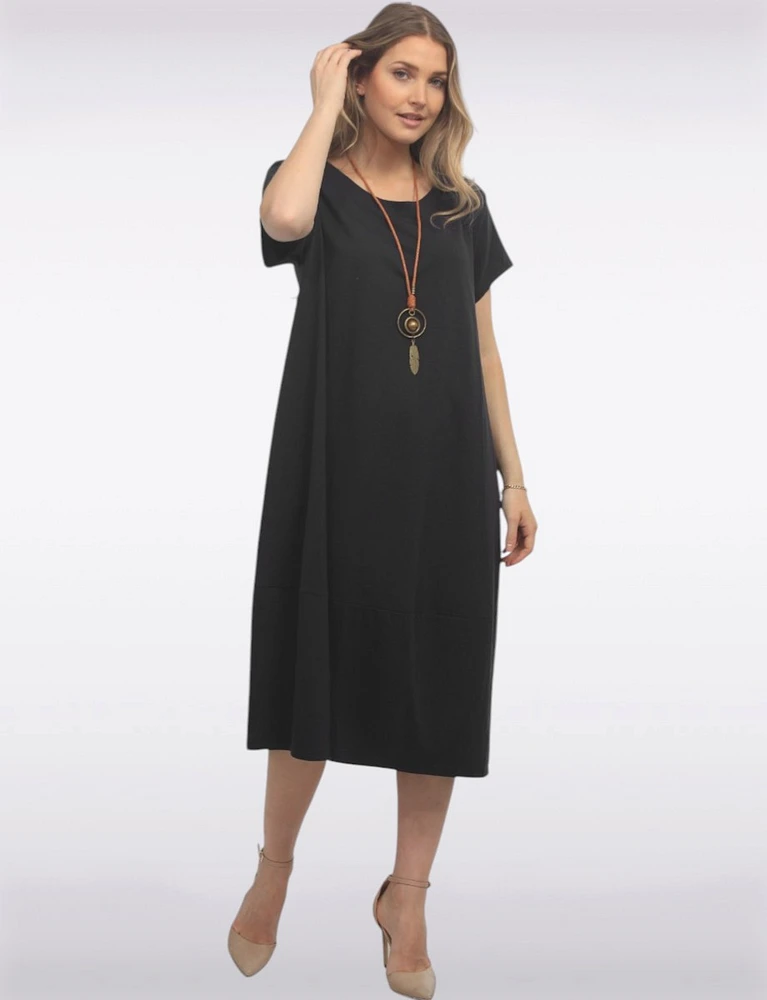 Short Sleeve Soft Cotton Round Neck Long Dress with Necklace by Froccella