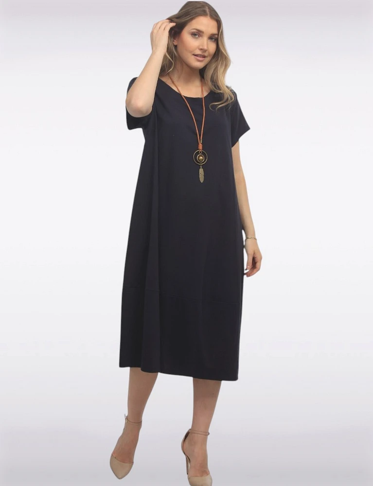 Short Sleeve Soft Cotton Round Neck Long Dress with Necklace by Froccella