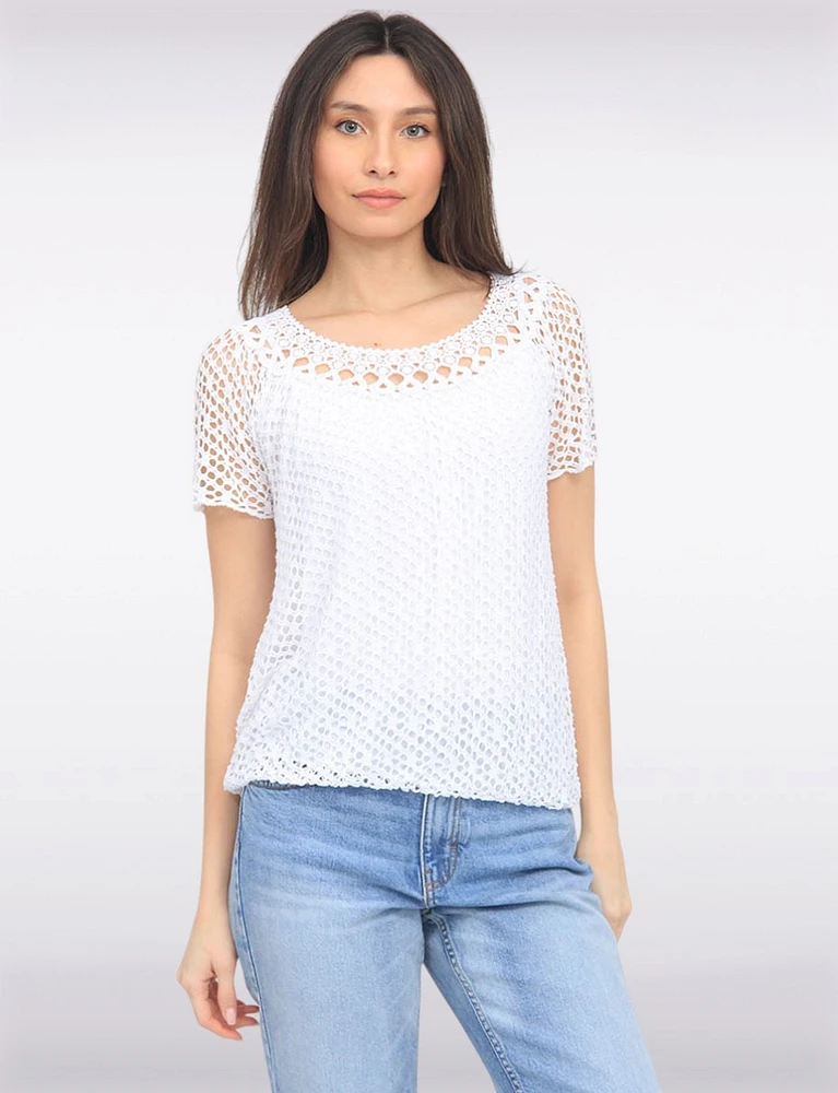 Crochet Knit Short Sleeve Round Neck Top by Froccella