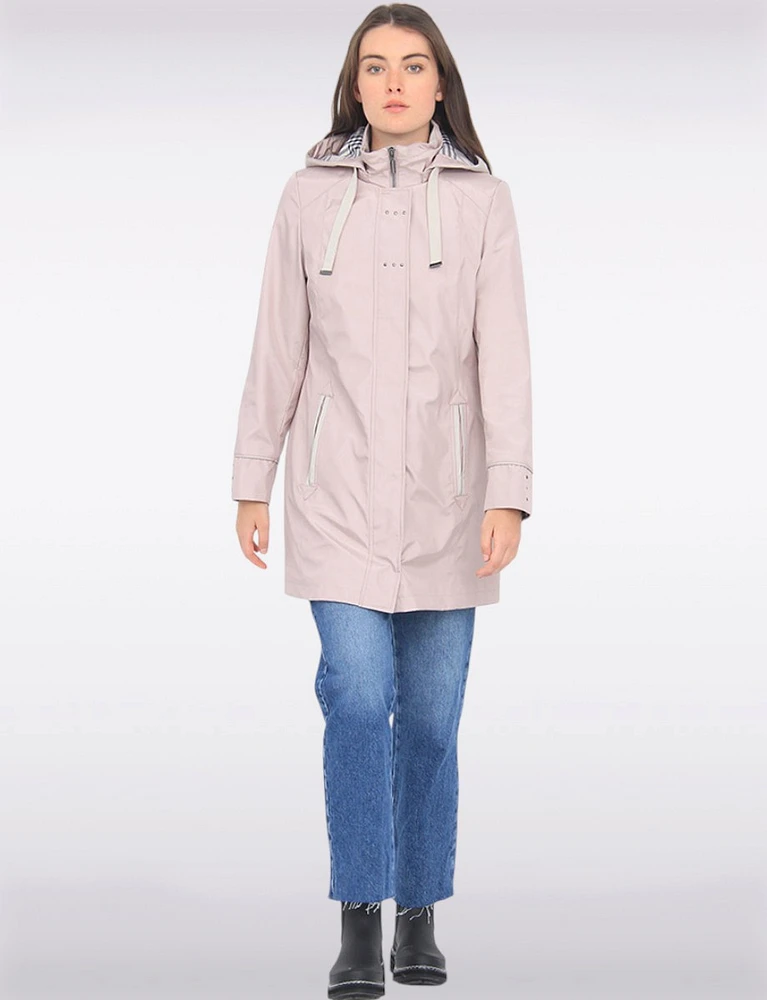 Straight Cut Water Resistant Coat With Removable Plaid-Lined Hood by Portrait