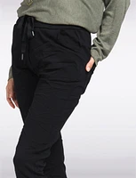 Crinkled Slim Fit Drawstring Waist 4-Pocket Stretch Pants by Froccella
