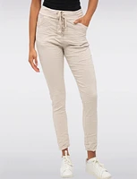 Crinkled Slim Fit Drawstring Waist 4-Pocket Stretch Pants by Froccella