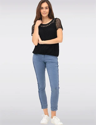 Crinkled Drawstring Waistband Rhinestone Stretch Cropped Pants by Froccella