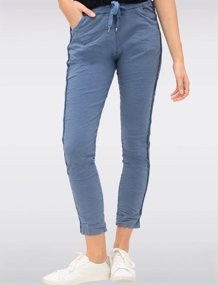 Crinkled Drawstring Waistband Rhinestone Stretch Cropped Pants by Froccella
