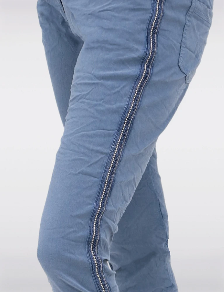 Crinkled Drawstring Waistband Rhinestone Stretch Cropped Pants by Froccella