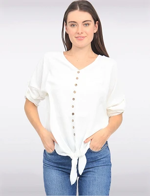 Crinkled Solid Button Down V-Neck Front Tie Blouse by Froccella