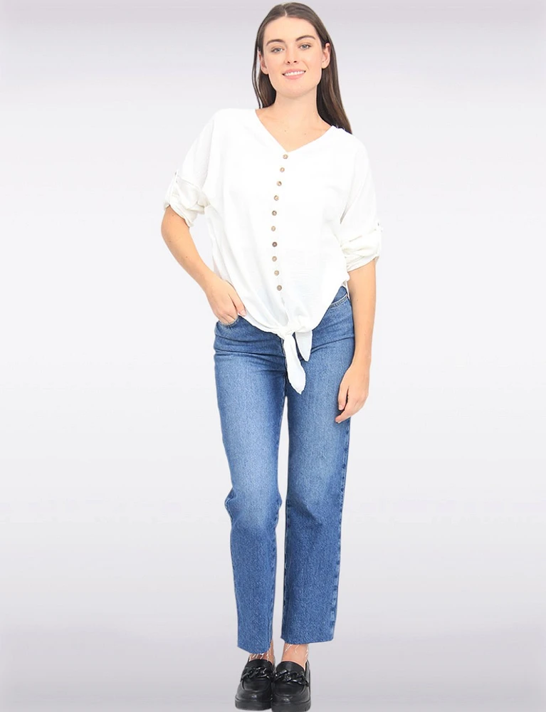 Crinkled Solid Button Down V-Neck Front Tie Blouse by Froccella