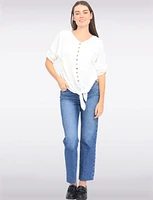 Crinkled Solid Button Down V-Neck Front Tie Blouse by Froccella