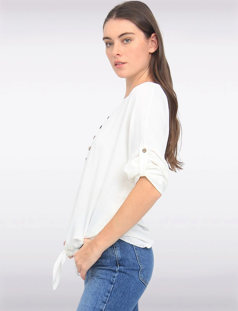 Crinkled Solid Button Down V-Neck Front Tie Blouse by Froccella