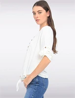 Crinkled Solid Button Down V-Neck Front Tie Blouse by Froccella