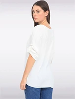 Crinkled Solid Button Down V-Neck Front Tie Blouse by Froccella