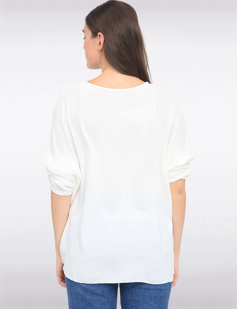 Crinkled Solid Button Down V-Neck Front Tie Blouse by Froccella