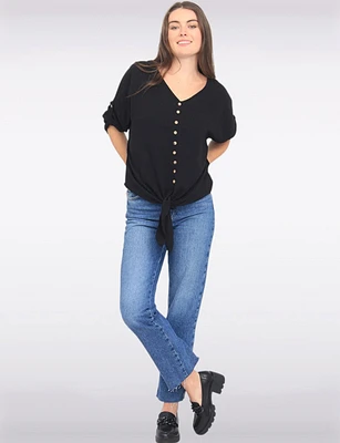 Crinkled Solid Button Down V-Neck Front Tie Blouse by Froccella