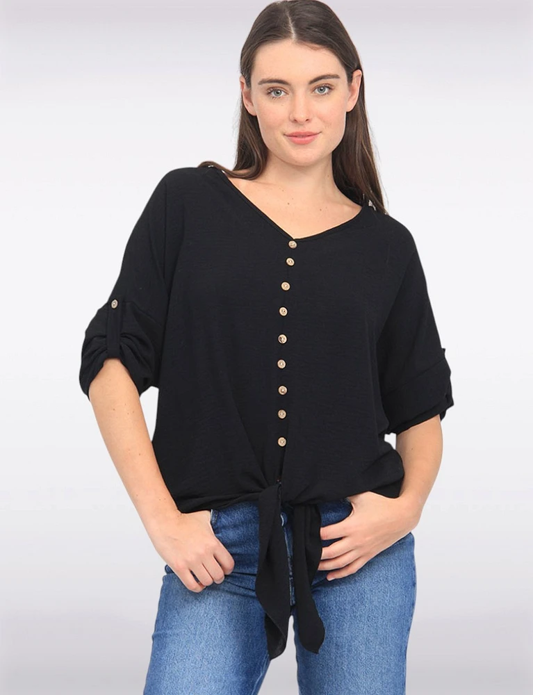 Crinkled Solid Button Down V-Neck Front Tie Blouse by Froccella