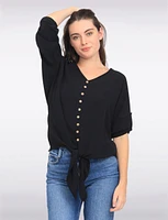 Crinkled Solid Button Down V-Neck Front Tie Blouse by Froccella